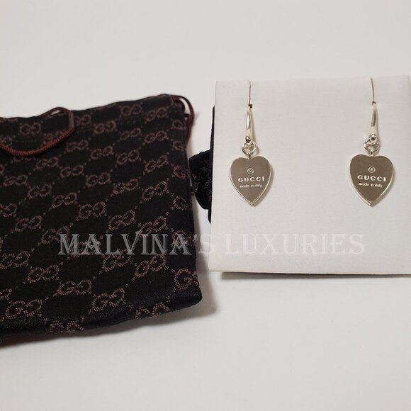GUCCI EARRINGS STERLING SILVER HEART DROP TRADEMARK LOGO - Picture 2 of 6
